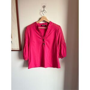 NWT Mineral Boutique Magenta Embroidered‎ Blouse Cotton Linen 3/4 Sleeve Small